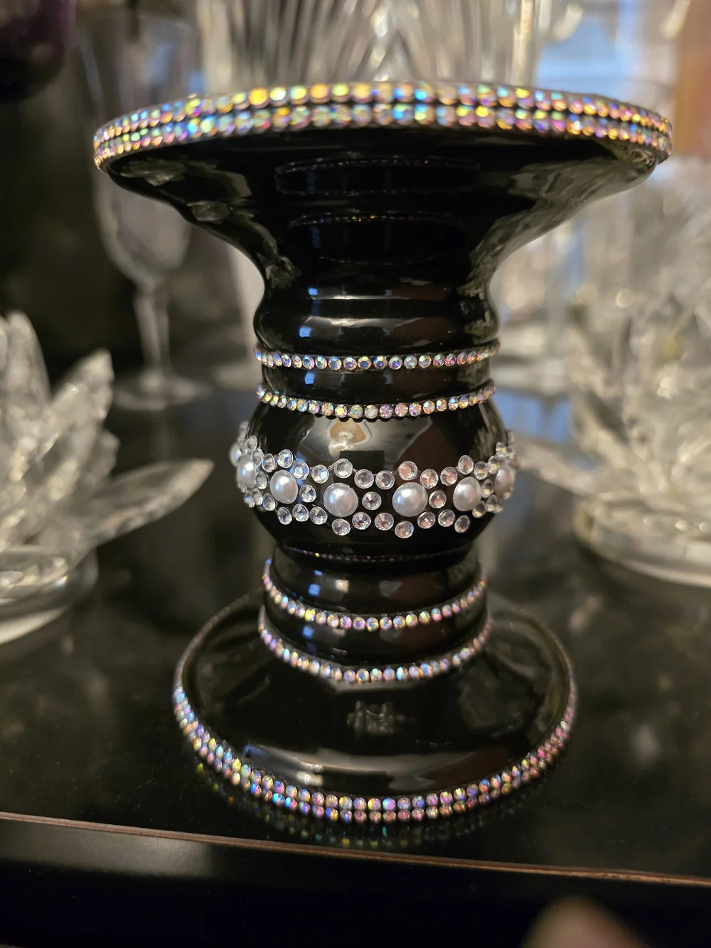 Black Jeweled Decorative Candle Holder New 4x3.5 In Candle Not Included Handmade